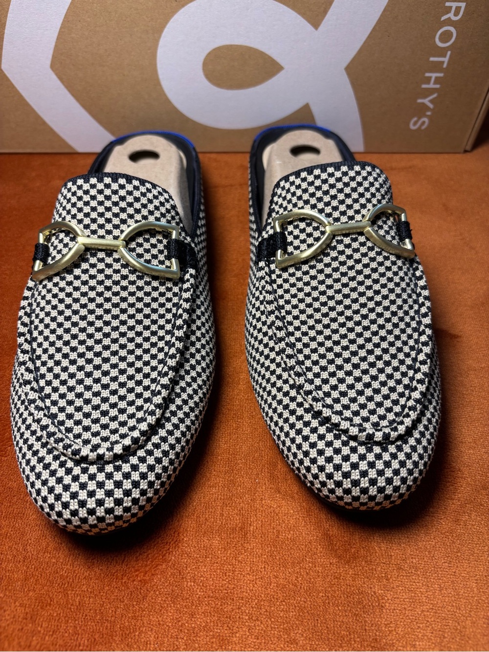 Rothy's Black & White Classic Micro Check Mules with Gold Bit